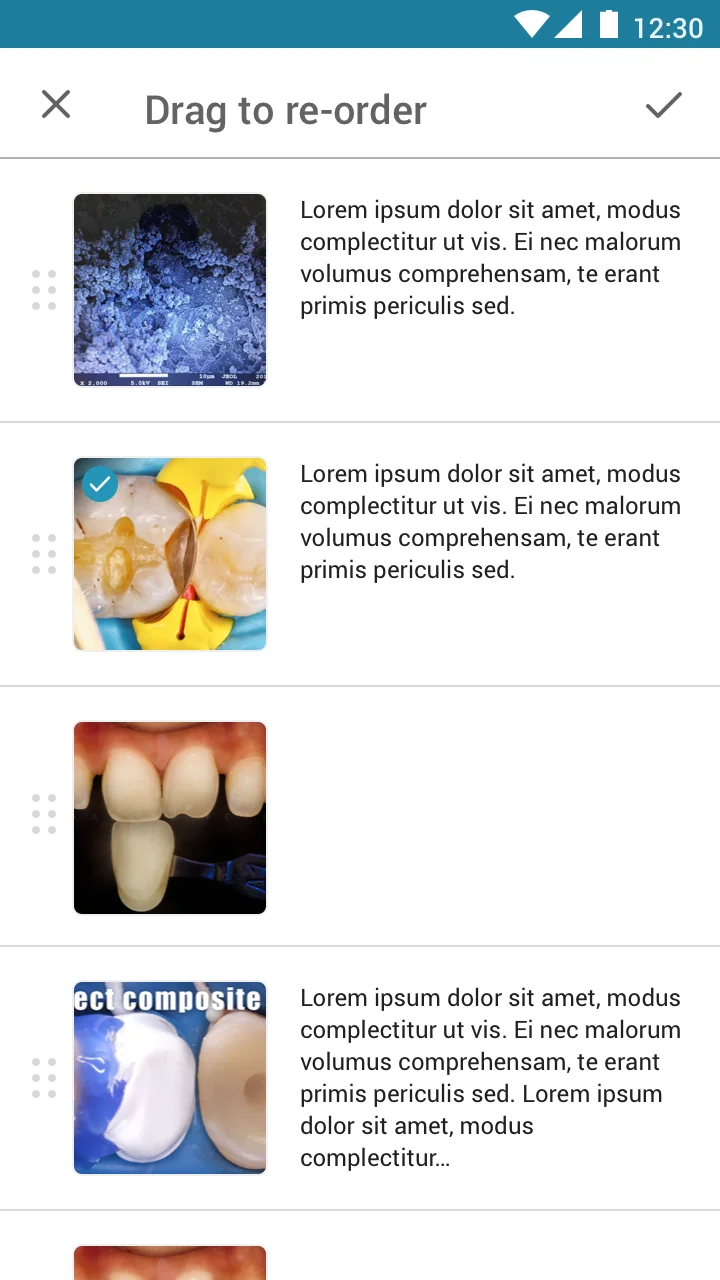 Re-ordering screen, showing big thumbnails and captions