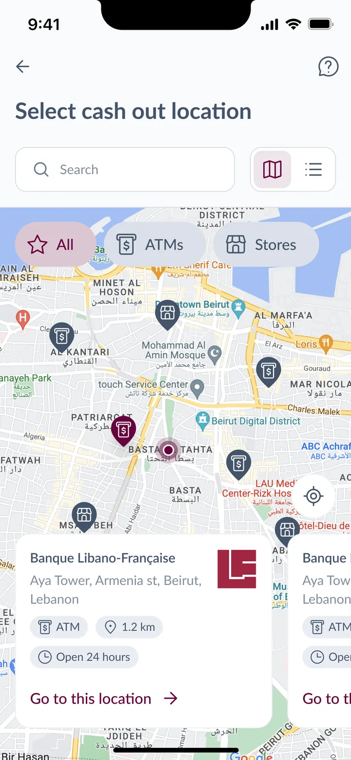 Map of other cash-out locations, behind See more locations