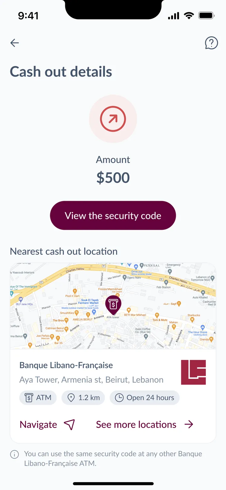 Cash-out details for a full $500 transfer, with the nearest ATM