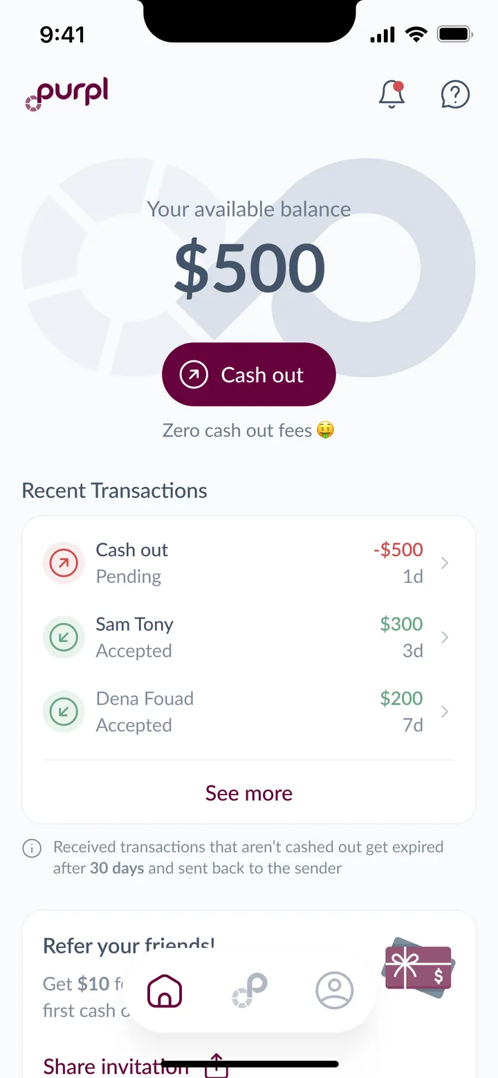 Home in my first redesign before the wallet, with a single Cash out button