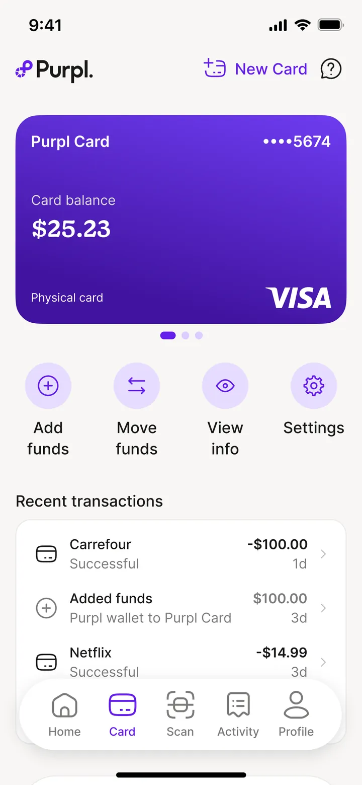 A Purpl card with its own balance and actions