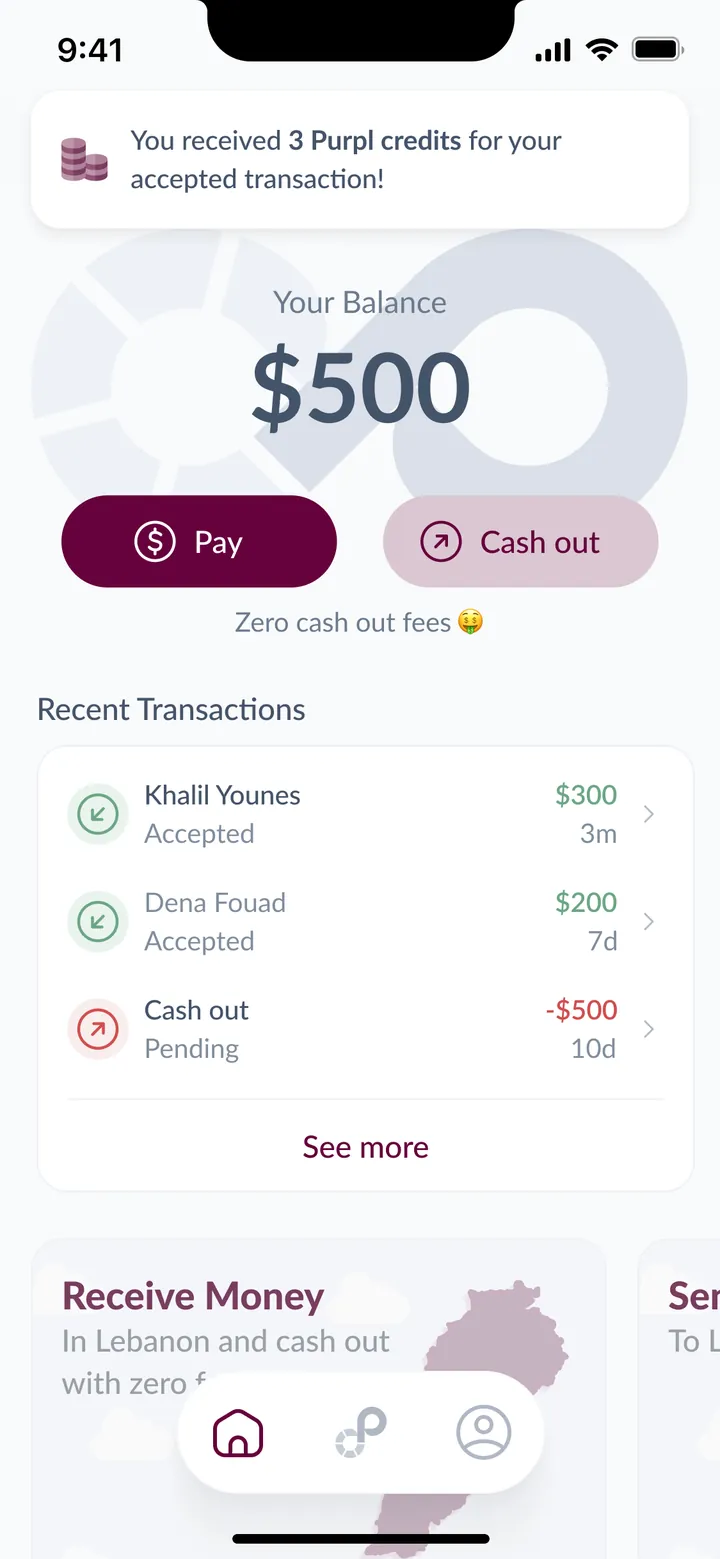 Notification for Purpl credits earned on an accepted transfer