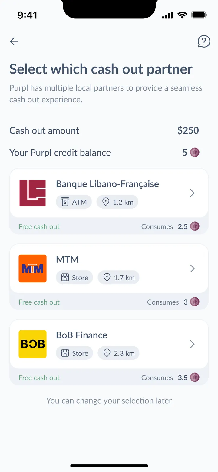 Choosing a cash-out partner, each consuming a different number of credits