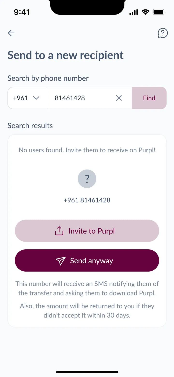 Sending to a new recipient who isn’t on Purpl yet