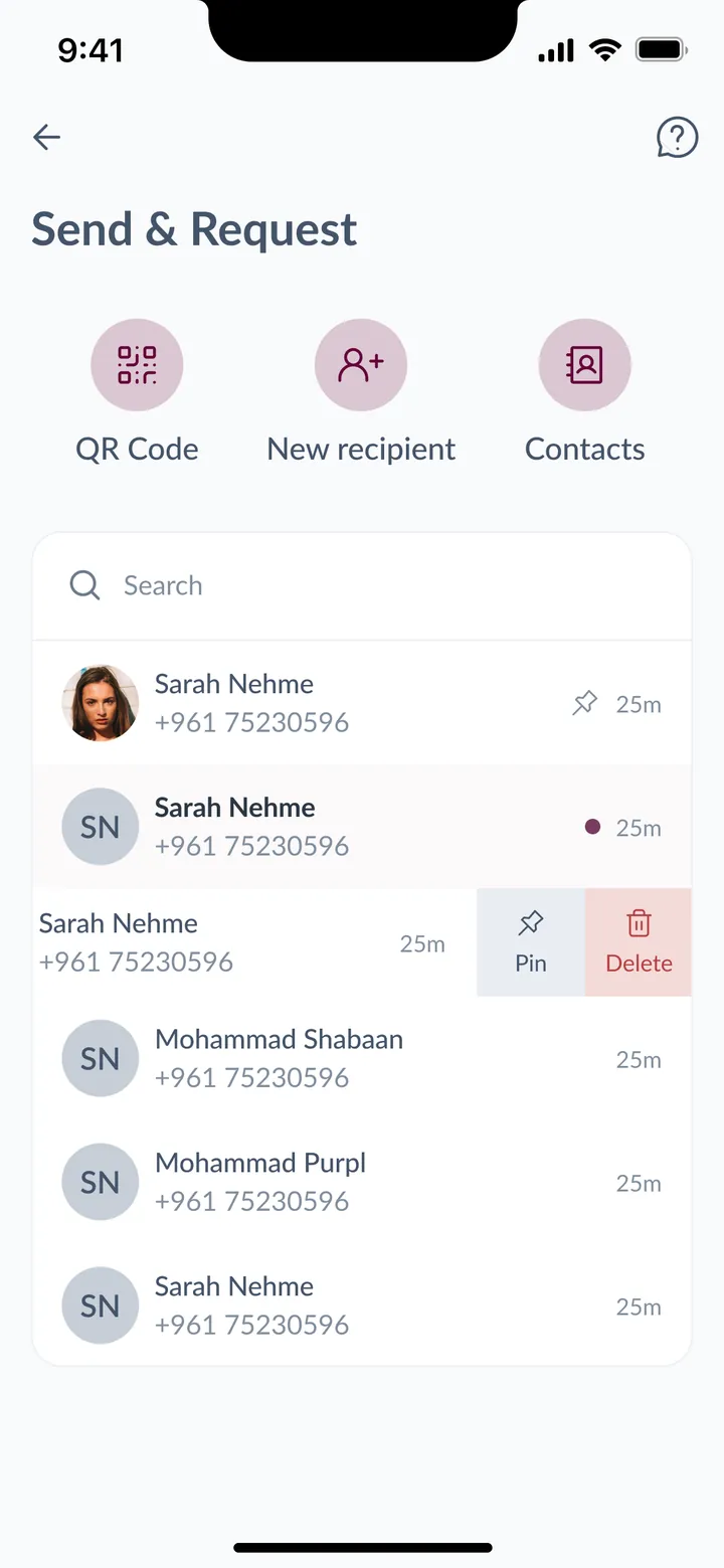 Send and Request: a list of conversations with contacts