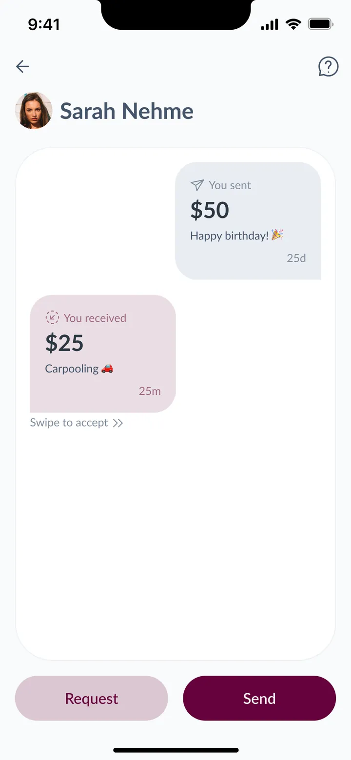 A P2P conversation with sent, received and requested money