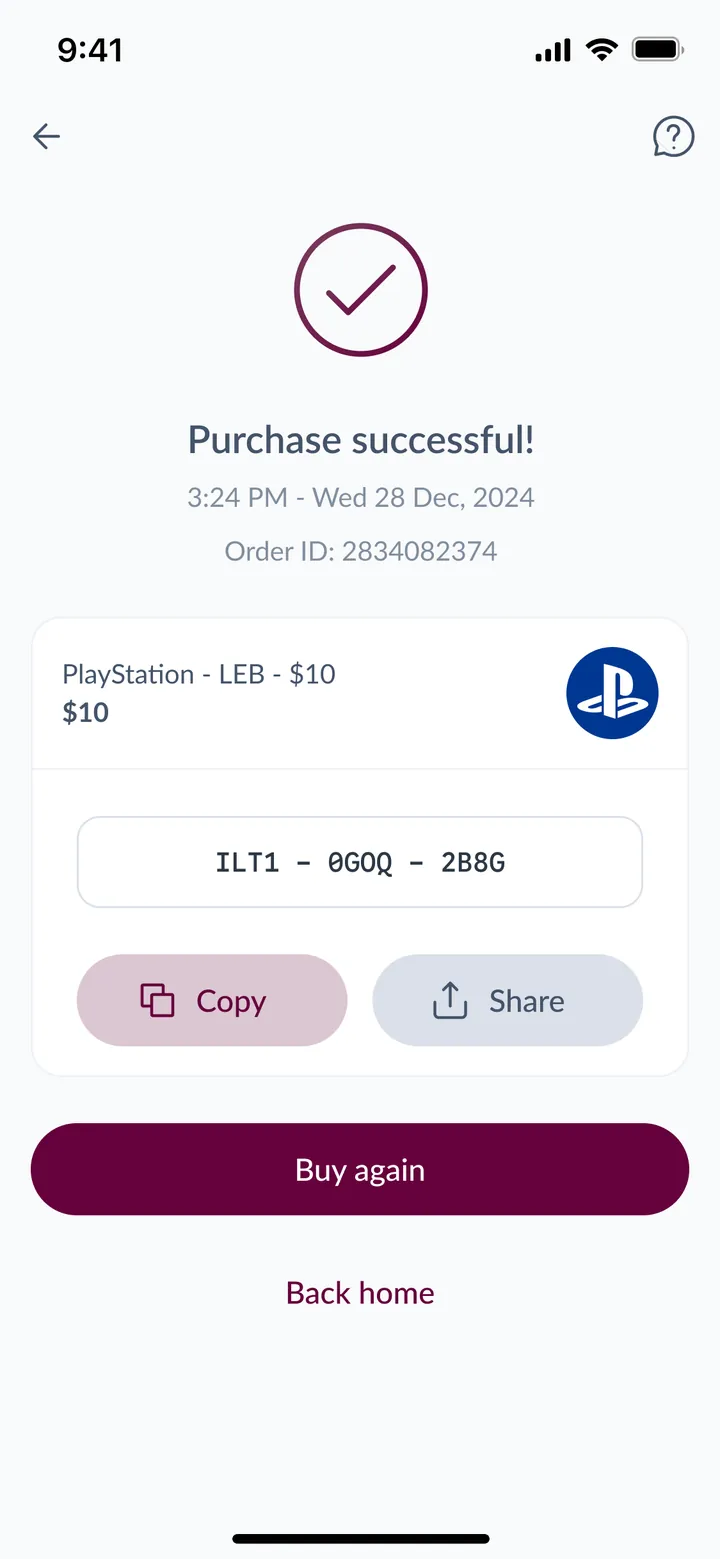 Voucher purchase successful, with the code to copy or share