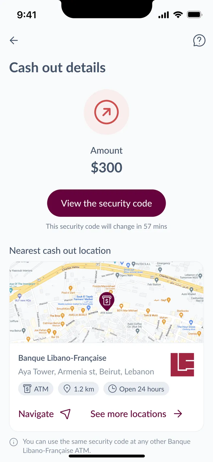 Cash-out screen with the suggested nearest ATM