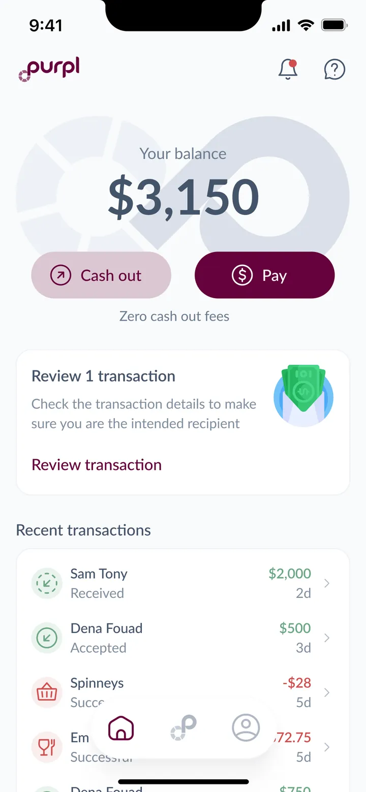 The wallet home with one balance