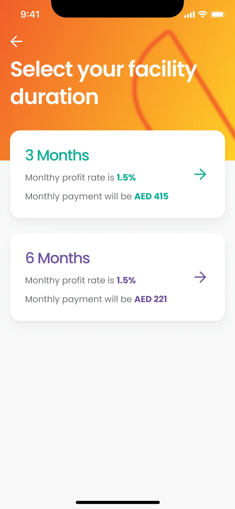 Screen for selecting the facility duration, 3 or 6 months