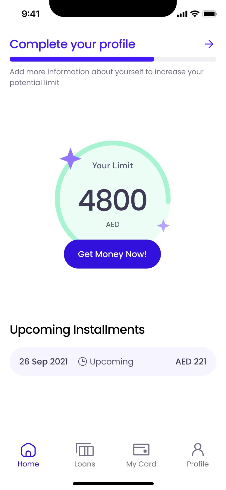 Home screen with the credit limit and a prompt to complete the profile