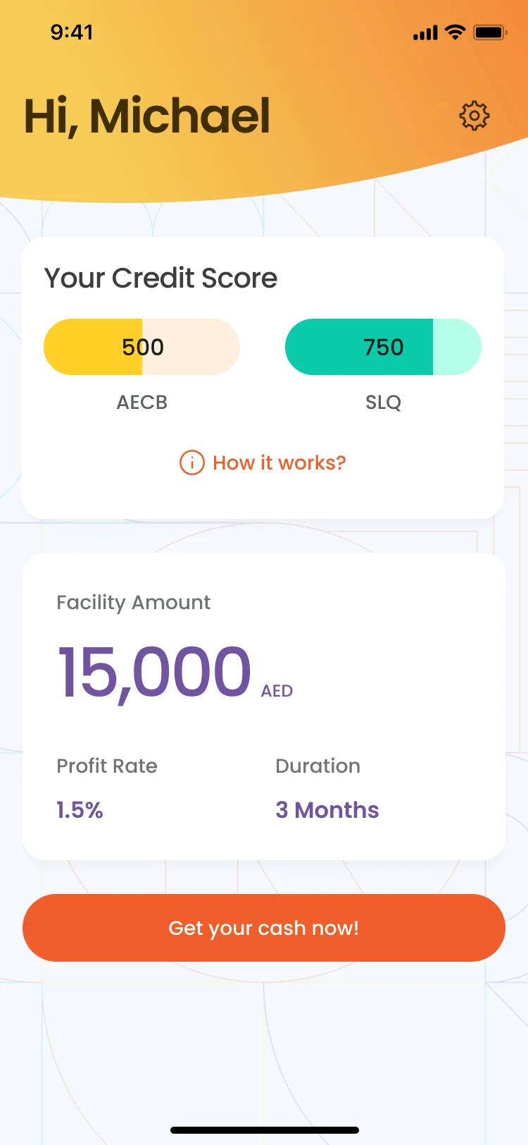 Home screen showing the credit scores and the facility amount