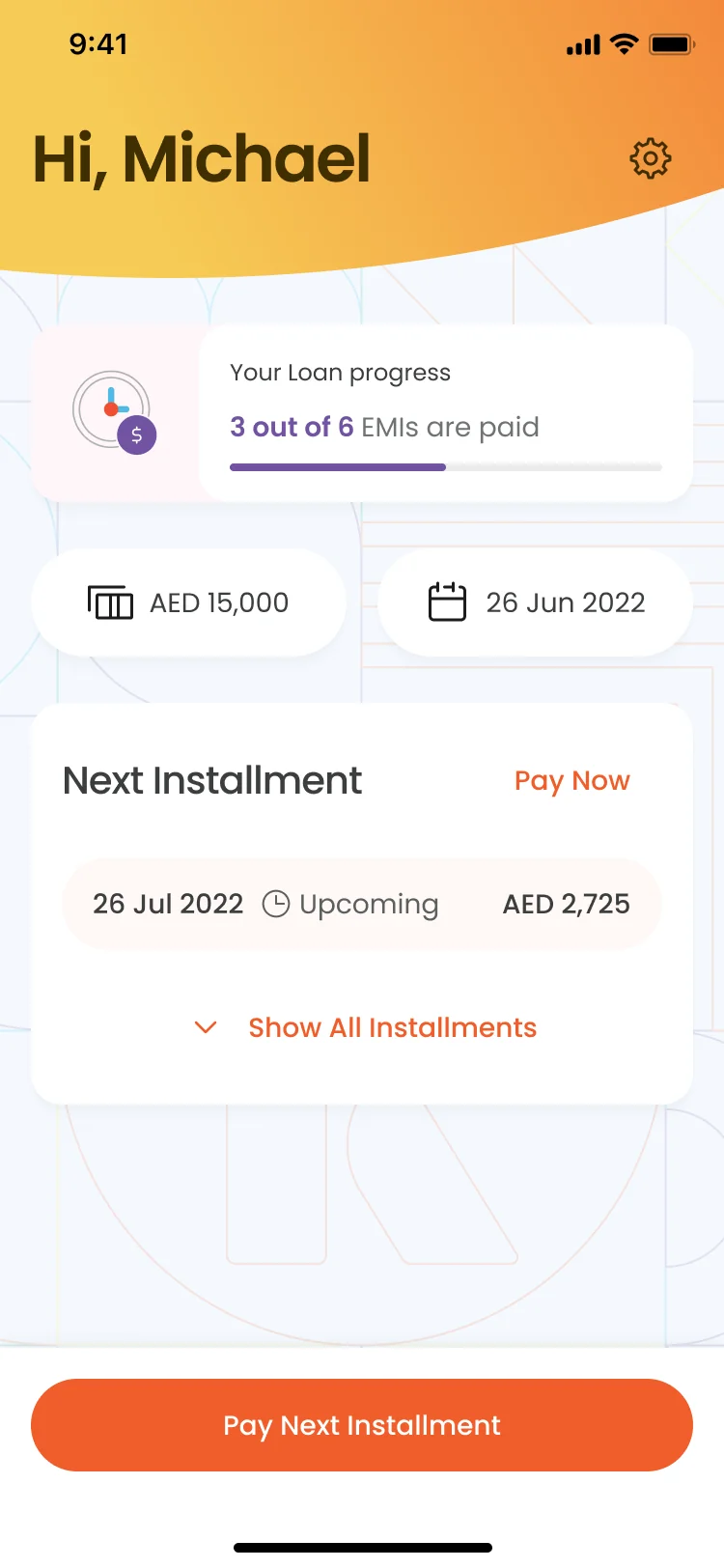 Home screen showing the loan progress and the next installment