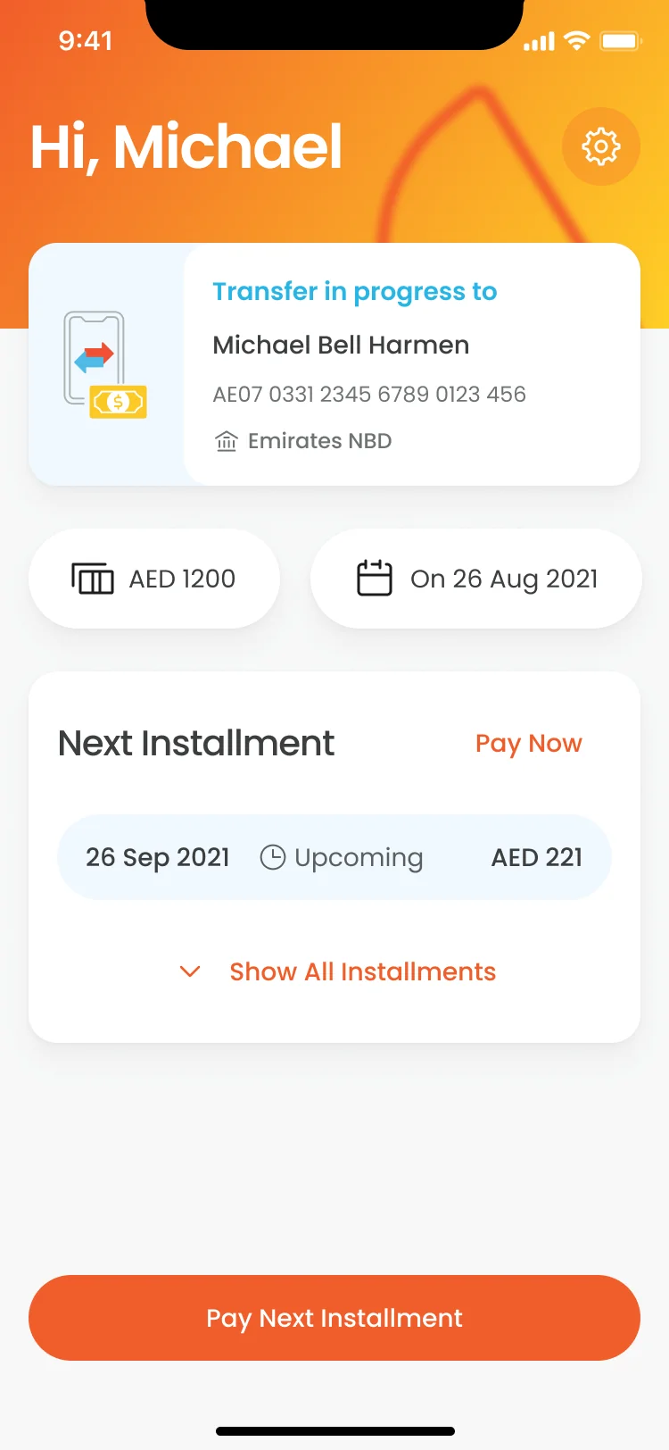 Home screen showing a transfer in progress and the next installment