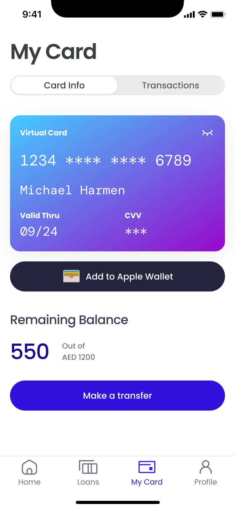 My Card screen showing the virtual card and remaining balance